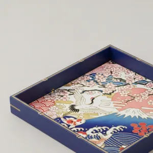 Blue Japanese Crane Art Serving Tray – Handmade Decorative Wooden Tray for Coffee Table & Home Décor