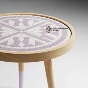 Lavender Meena Pattern Wooden Stool  Handcrafted Round Decorative Accent Stool for Living Room & Bedroom