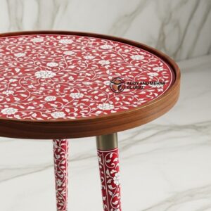 Designer Red Meena Pattern Wooden Stool – Artistic Hand Painted Side Stool for Home Decor