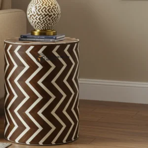 Handcrafted Brown & White Bone Inlay Chevron Side Table – Artisan Decorative Accent Stool / End Table