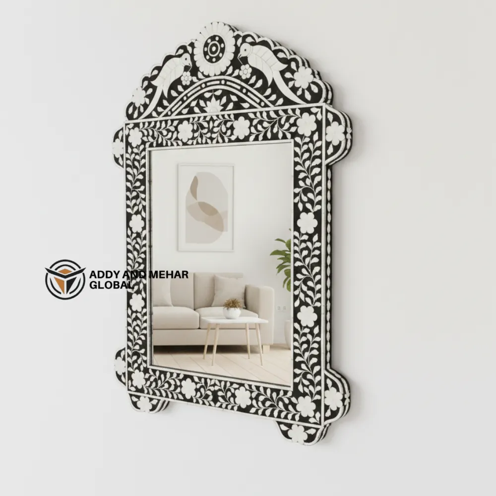 Luxury Black Bone Inlay Mirror Elegant Handmade Wall DecorHandmade Black Bone Inlay Mirror Floral Luxury Design - Image 2