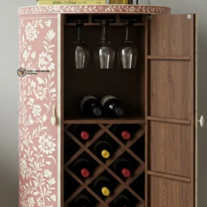Luxury Handcrafted Floral Inlay Wine Bar Cabinet – Round Wooden Wine Storage Cabinet with Glass Holder
