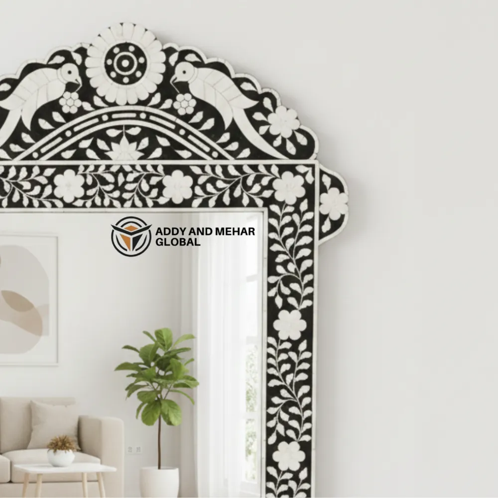 Luxury Black Bone Inlay Mirror Elegant Handmade Wall DecorHandmade Black Bone Inlay Mirror Floral Luxury Design - Image 3