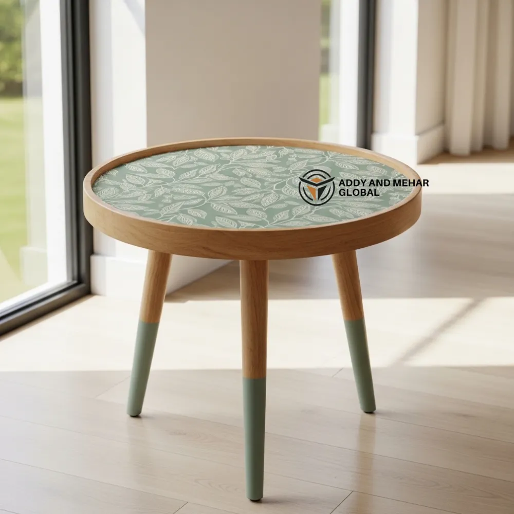 Luxury Green Round Stool Table with Geometric Pattern Top Modern Green Accent