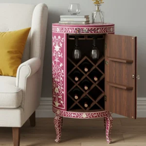 Luxury Handcrafted Floral Inlay Wine Cabinet – Round Wooden Wine Storage Bar Cabinet with Glass Holder