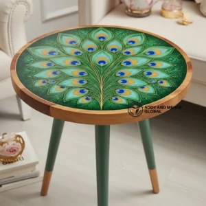 Green Meena Design Wooden Stool Handcrafted Round Decorative Accent Stool for Living Room & Bedroom