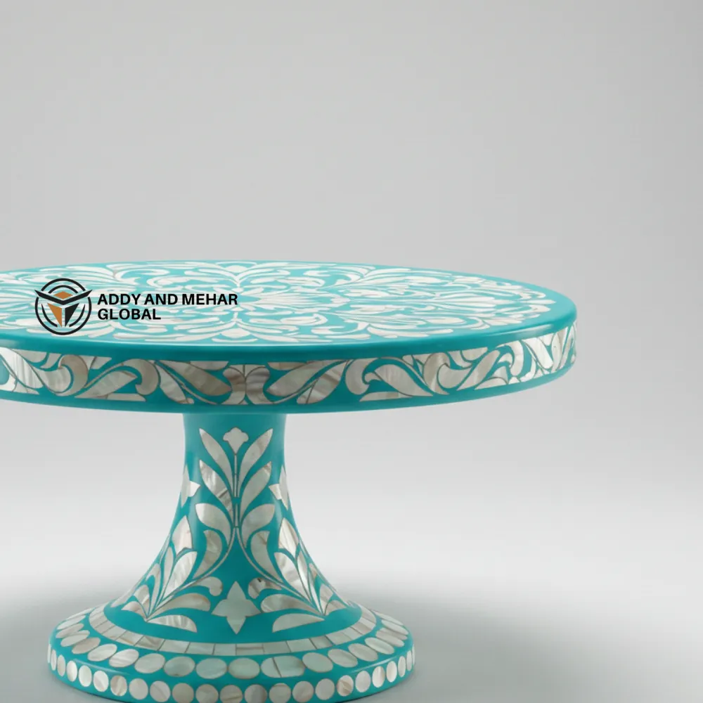 handcrafted turquoise pedestal table, beautifully adorned - Image 2