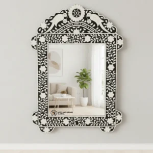 Luxury Black Bone Inlay Mirror Elegant Handmade Wall DecorHandmade Black Bone Inlay Mirror Floral Luxury Design
