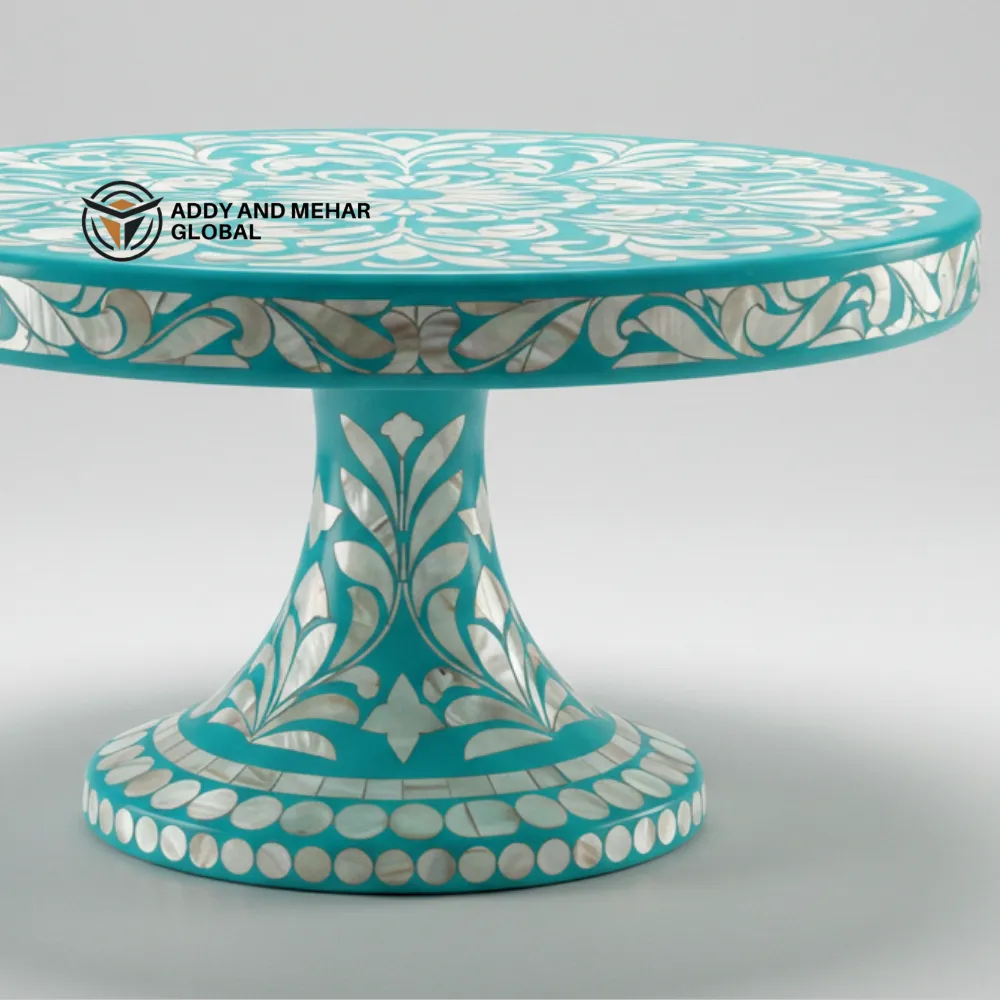 handcrafted turquoise pedestal table, beautifully adorned - Image 4