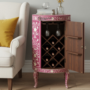 Luxury Handcrafted Floral Inlay Wine Cabinet – Round Wooden Wine Storage Bar Cabinet with Glass Holder