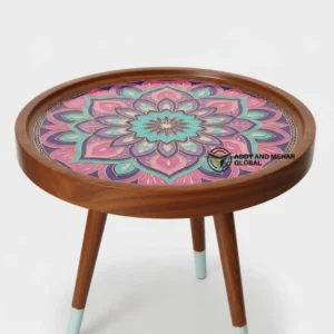 Pink Meena Design Wooden Stool Handcrafted Round Decorative Accent Stool