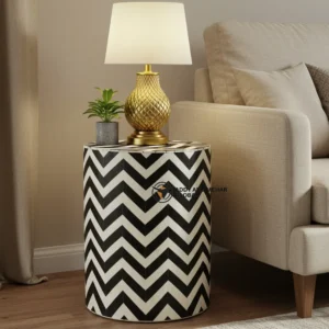 Black Chevron Bone Inlay Side Table – Handmade Wooden Accent Table | Luxury Modern End Table