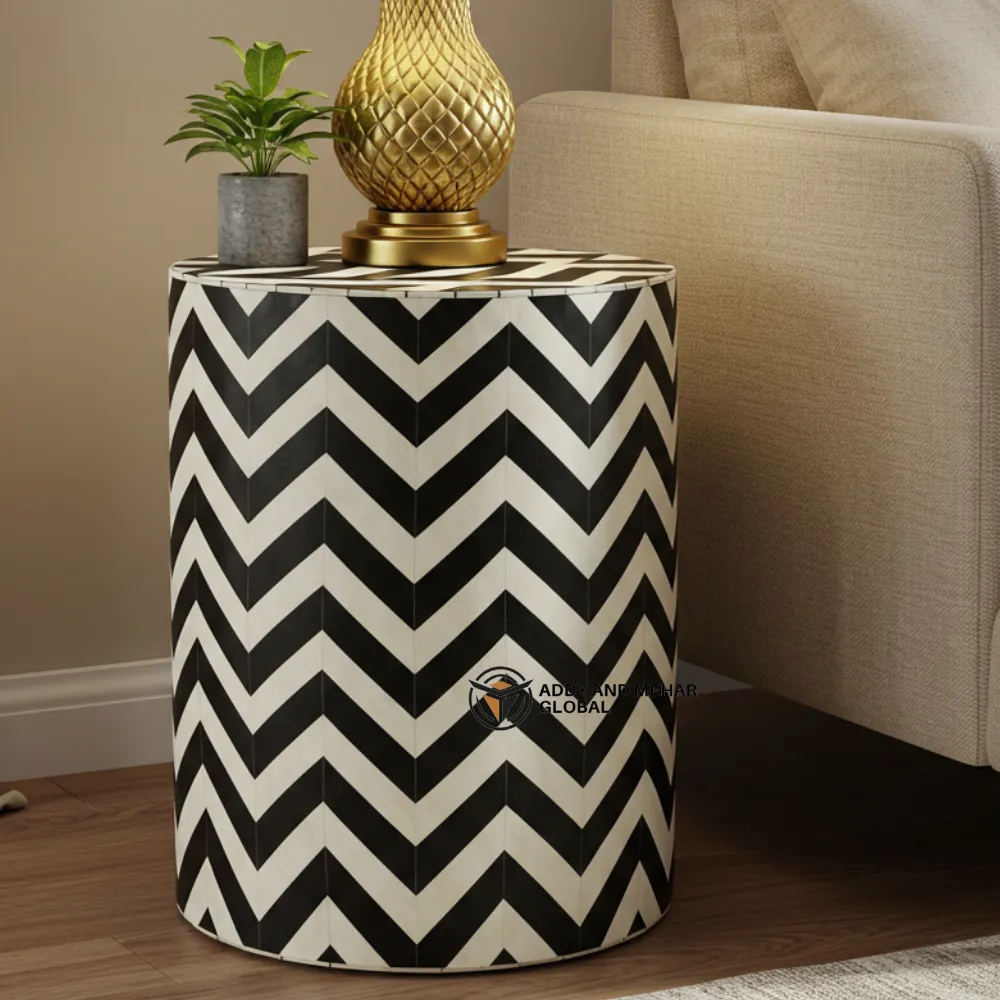 Black Chevron Bone Inlay Side Table – Handmade Wooden Accent Table | Luxury Modern End Table - Image 4