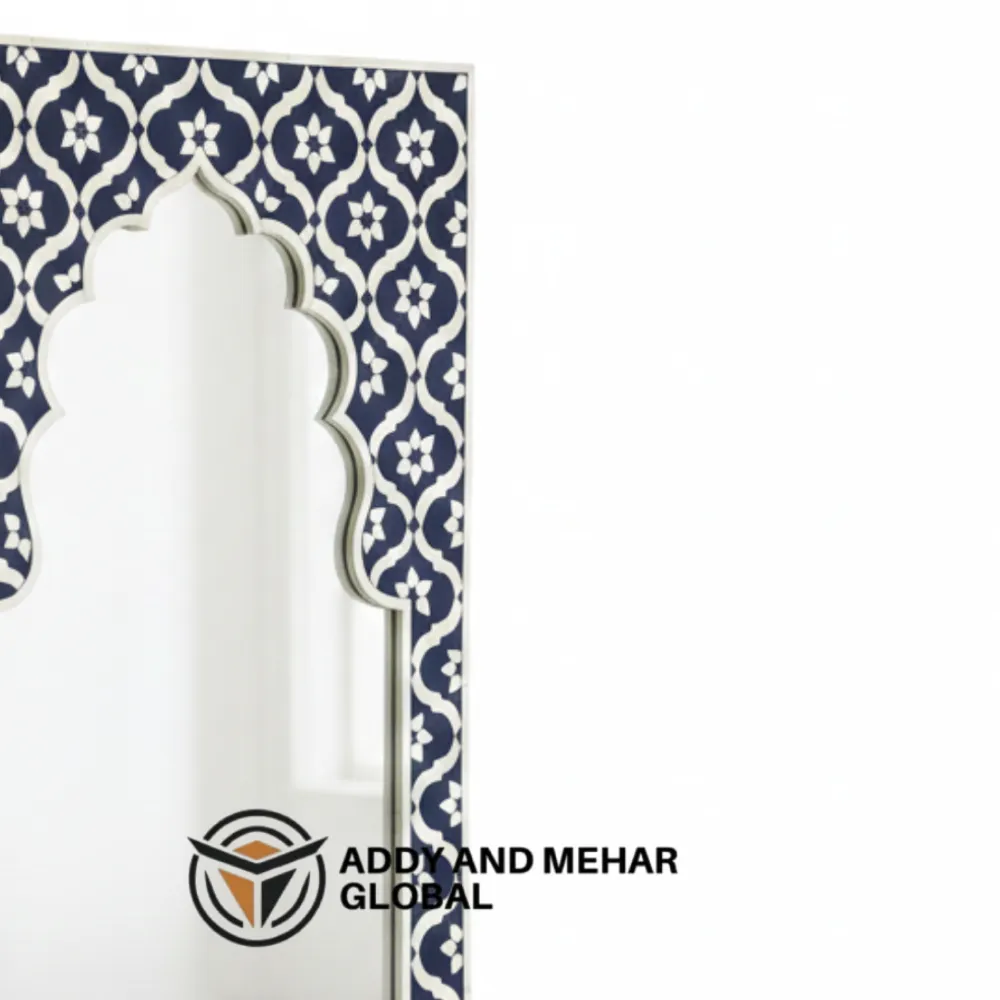 Blue Moroccan Bone Inlay Mirror – Handmade Arched Wall Mirror | Luxury Decorative Accent Frame - Image 5