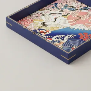 Blue Japanese Crane Art Serving Tray – Handmade Decorative Wooden Tray for Coffee Table & Home Décor - Image 3
