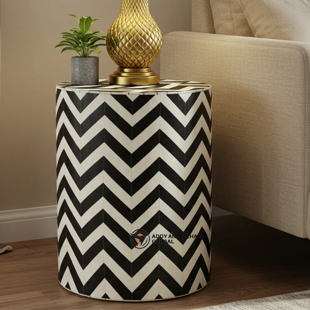 Black Chevron Bone Inlay Side Table – Handmade Wooden Accent Table | Luxury Modern End Table - Image 5