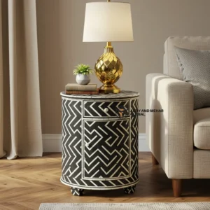 Black Chevron Bone Inlay Side Table – Luxury Handmade Wooden End Table | Modern Accent Furniture