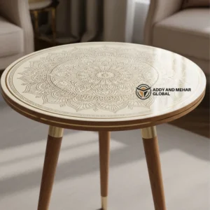 White Meena Design Wooden Stool Handcrafted Round Decorative Accent Stool for Living Room