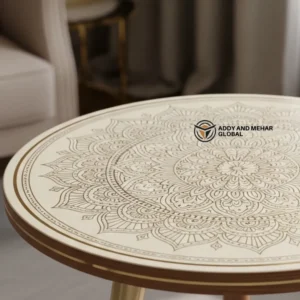 White Meena Design Wooden Stool Handcrafted Round Decorative Accent Stool for Living Room