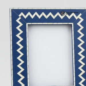 Handcrafted Blue Bone Inlay Zigzag Photo Frame – Decorative Artisan Picture Frame for Home Décor