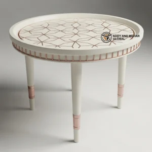 Modern White Round Accent Table Stool with Geometric Pattern Top Luxury White