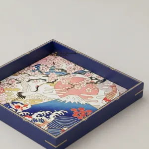 Blue Japanese Crane Art Serving Tray – Handmade Decorative Wooden Tray for Coffee Table & Home Décor - Image 4