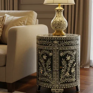 Black Chevron Bone Inlay Side Table – Handmade Luxury Wooden Accent Table | Modern End Table