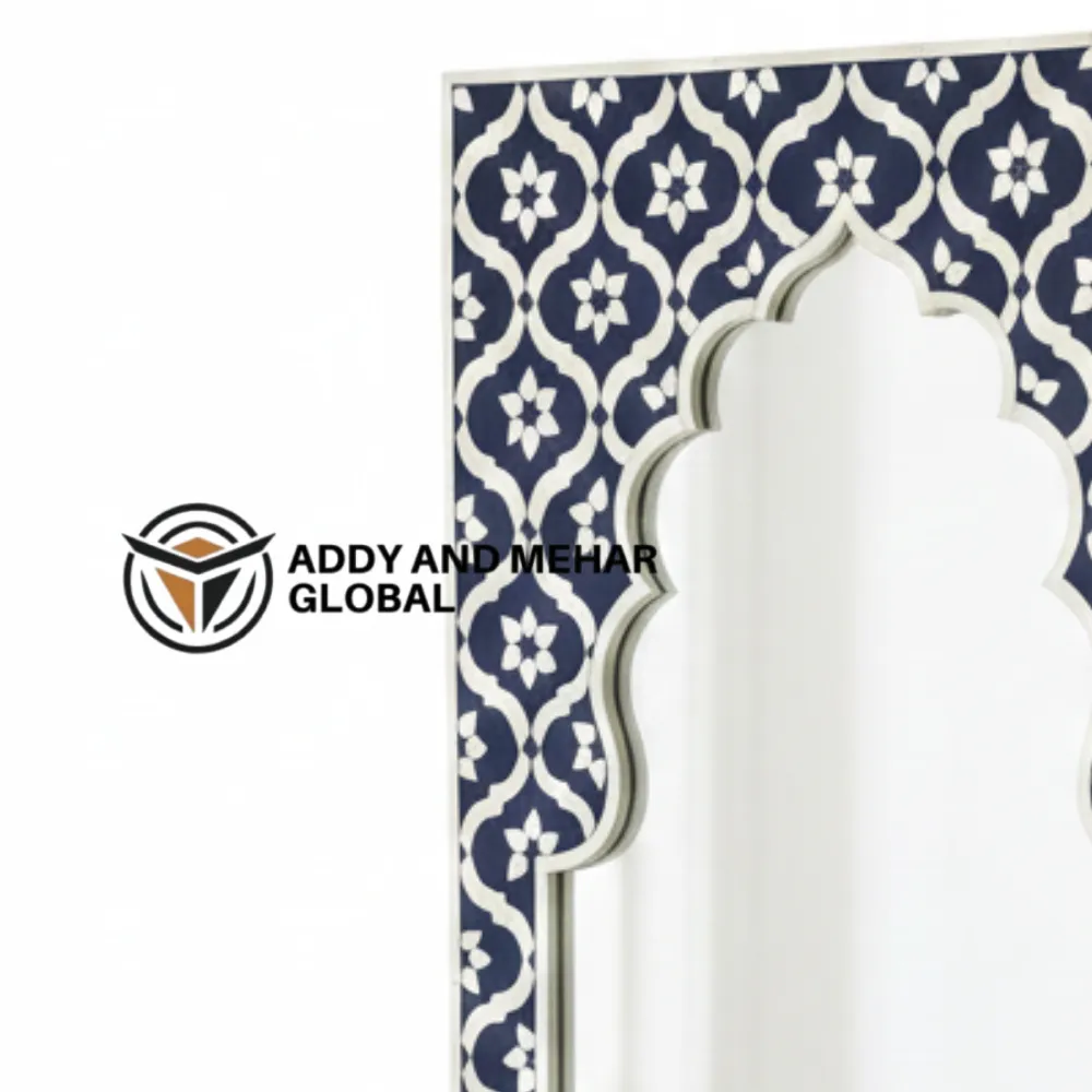 Blue Moroccan Bone Inlay Mirror – Handmade Arched Wall Mirror | Luxury Decorative Accent Frame - Image 3