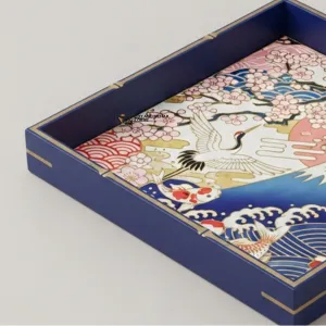 Blue Japanese Crane Art Serving Tray – Handmade Decorative Wooden Tray for Coffee Table & Home Décor - Image 5
