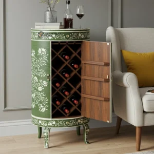 Luxury Handcrafted Floral Inlay Wine Cabinet – Round Wooden Wine Storage Bar Cabinet with Decorative Green Finish