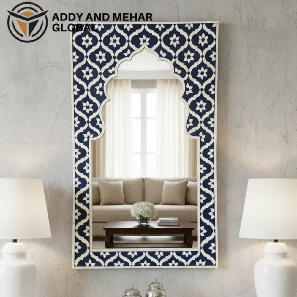 Blue Moroccan Bone Inlay Mirror – Handmade Arched Wall Mirror | Luxury Decorative Accent Frame - Image 2