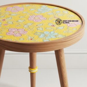 Yellow Meena Print Wooden Accent Stool – Hand Painted Decorative Tripod Stool
