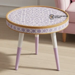 Lavender Meena Design Round Wooden Stool – Handcrafted Decorative Accent Stool