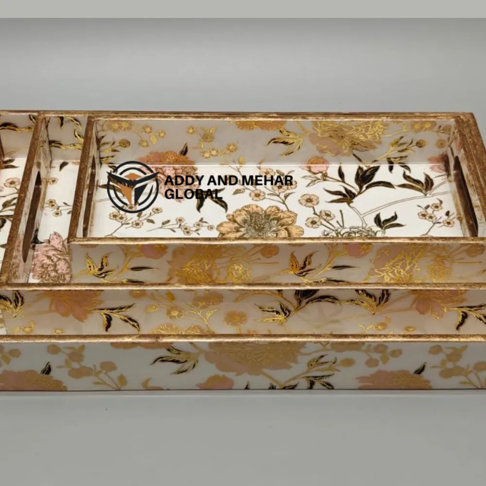 White & Gold Geometric Enamel Serving Tray Set of 3 – Modern Luxury MDF & Paper Nesting Trays for Kitchen, Dining & Home Decor - Image 6