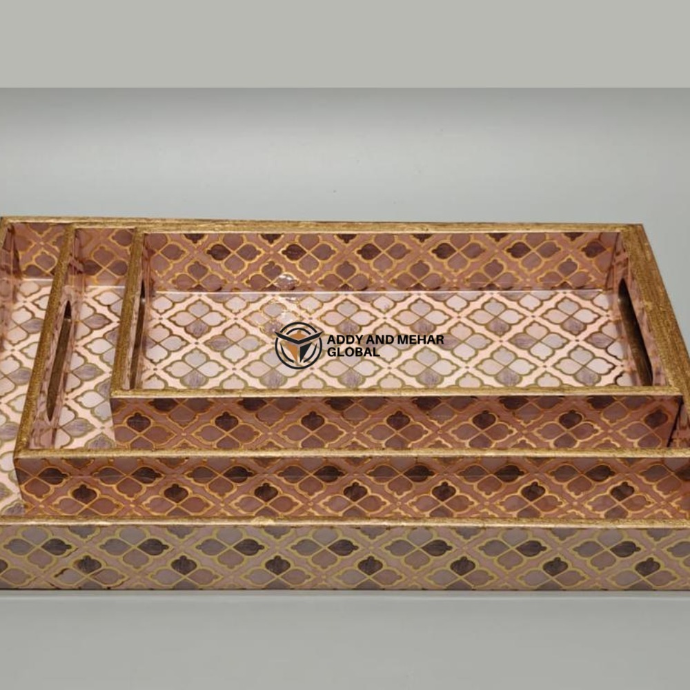 Pink Geometric Enamel Serving Tray Set of 3 | MDF Decorative Trays Elegant Pink Enamel Tray - Image 5