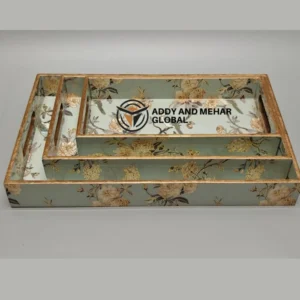 Green & Gold Geometric Enamel Serving Tray Set of 3 – Modern Luxury MDF & Paper Nesting Trays for Kitchen, Dining & Home Decor