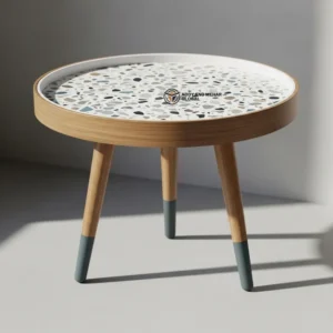 Luxury Handmade White Meena Floral Inlay Wooden Stool – Round Accent Side Table