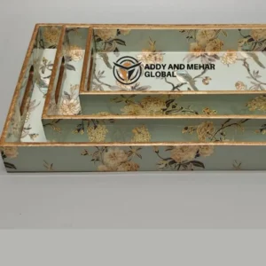 Green & Gold Geometric Enamel Serving Tray Set of 3 – Modern Luxury MDF & Paper Nesting Trays for Kitchen, Dining & Home Decor