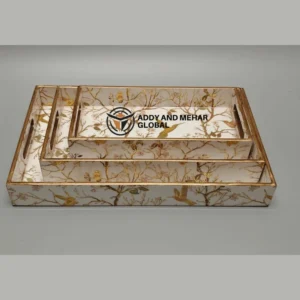 White & Gold Geometric Enamel Serving Tray Set of 3 – Elegant MDF & Paper Nesting Serving Trays for Kitchen, Dining & Home Decor