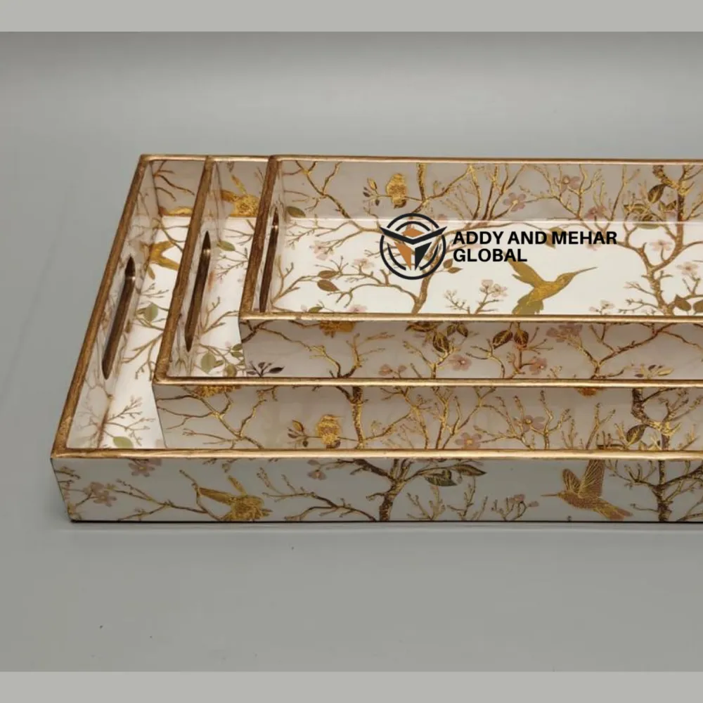 White & Gold Geometric Enamel Serving Tray Set of 3 – Elegant MDF & Paper Nesting Serving Trays for Kitchen, Dining & Home Decor - Image 3