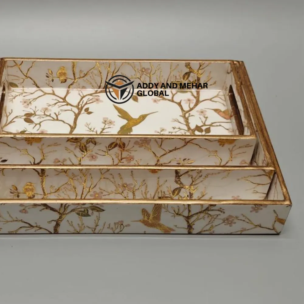 White & Gold Geometric Enamel Serving Tray Set of 3 – Elegant MDF & Paper Nesting Serving Trays for Kitchen, Dining & Home Decor - Image 4