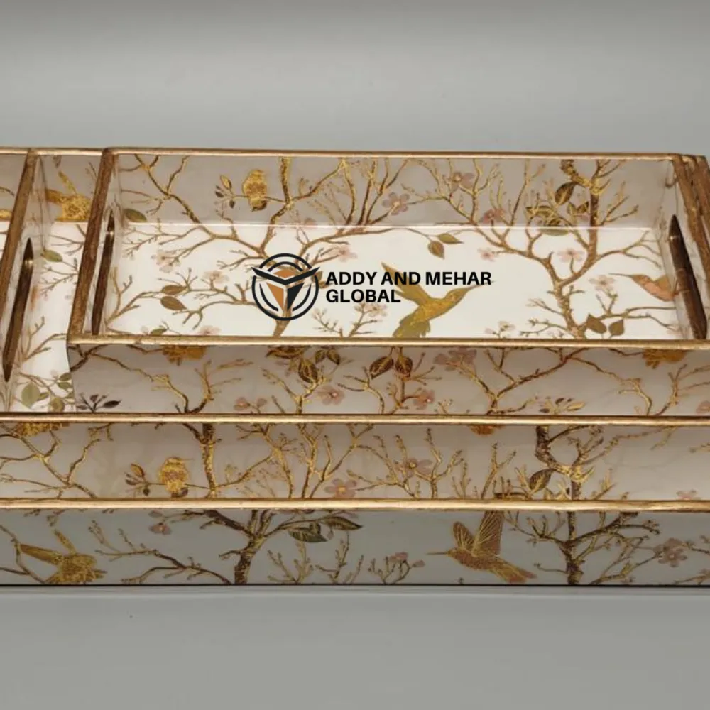 White & Gold Geometric Enamel Serving Tray Set of 3 – Elegant MDF & Paper Nesting Serving Trays for Kitchen, Dining & Home Decor - Image 5