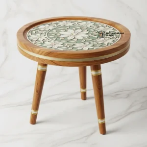 Green Meena Design Wooden Stool – Handcrafted Round Decorative Tripod Stool