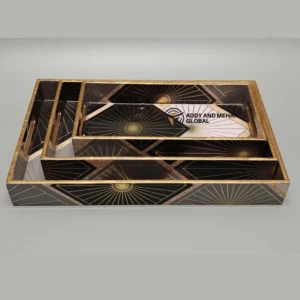 Black & Gold Geometric Enamel Serving Tray Set of 3 – Luxury MDF & Paper Nesting Trays for Kitchen, Dining & Home Decor