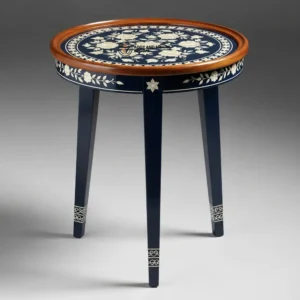 Luxury Handmade Blue Meena Floral Inlay Wooden Stool – Round Accent Side Table