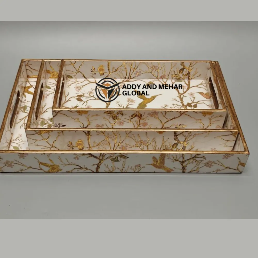 White & Gold Geometric Enamel Serving Tray Set of 3 – Elegant MDF & Paper Nesting Serving Trays for Kitchen, Dining & Home Decor - Image 6