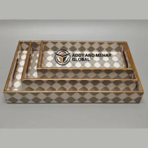 Gray & Gold Geometric Enamel Serving Tray Set of 3 – Modern Luxury MDF & Paper Nesting Trays for Kitchen Dining & Home Decor