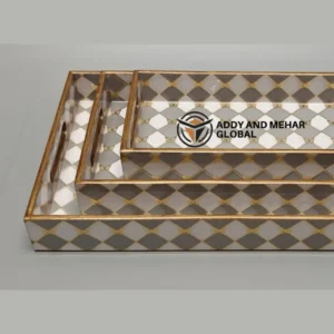 Gray & Gold Geometric Enamel Serving Tray Set of 3 – Modern Luxury MDF & Paper Nesting Trays for Kitchen Dining & Home Decor