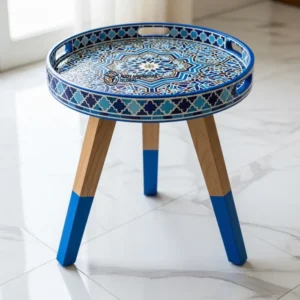 Royal Blue Meena Art Wooden Stool – Handcrafted Round Decorative Tripod Accent Seating