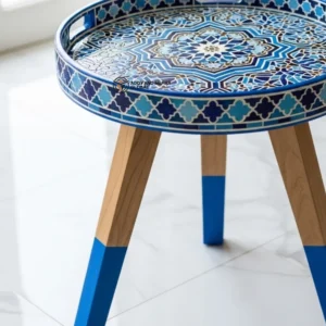 Royal Blue Meena Art Wooden Stool – Handcrafted Round Decorative Tripod Accent Seating